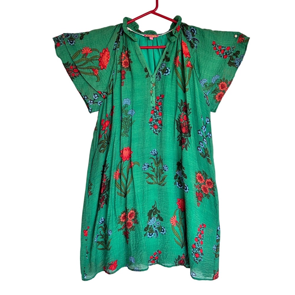 THML Green Resort Floral Flutter Sleeve Mini Dress w/ Pockets Sz L (12-14)